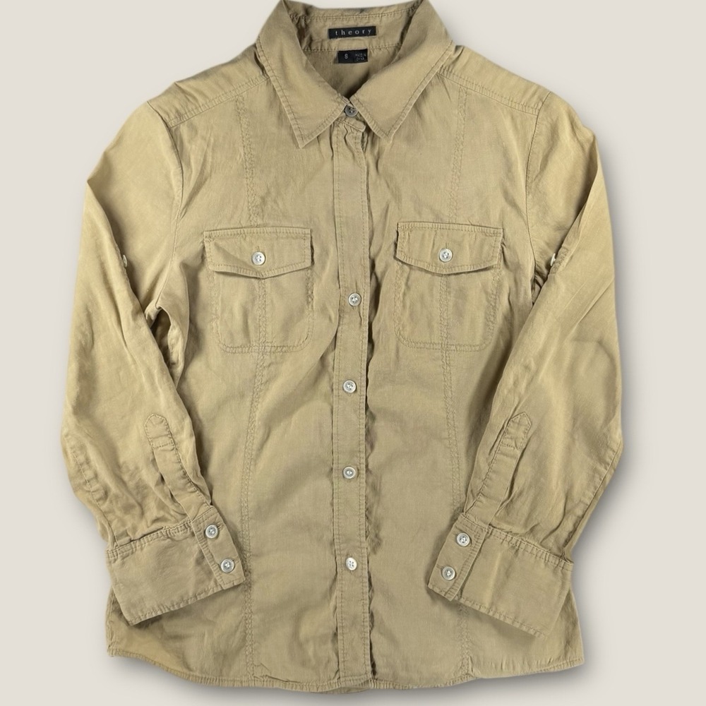 Theory Button Up Shirt Womens Small Tan Linen Blend Utility Safari Pockets
